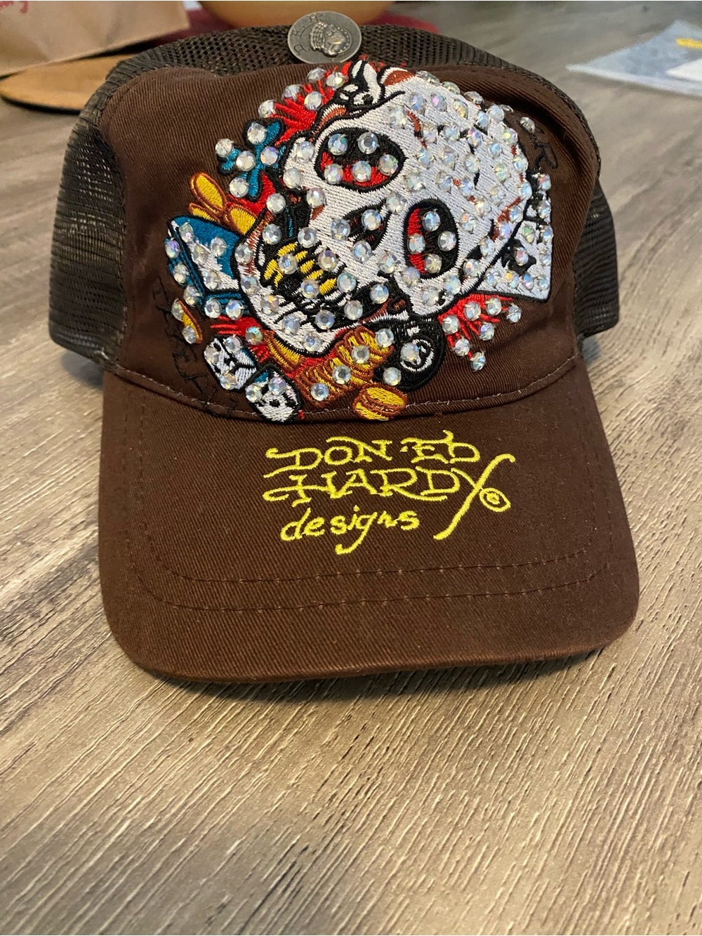 Ed Hardy Brown Trucker Hat with Crystal Skull and Multicolor Embroidery
